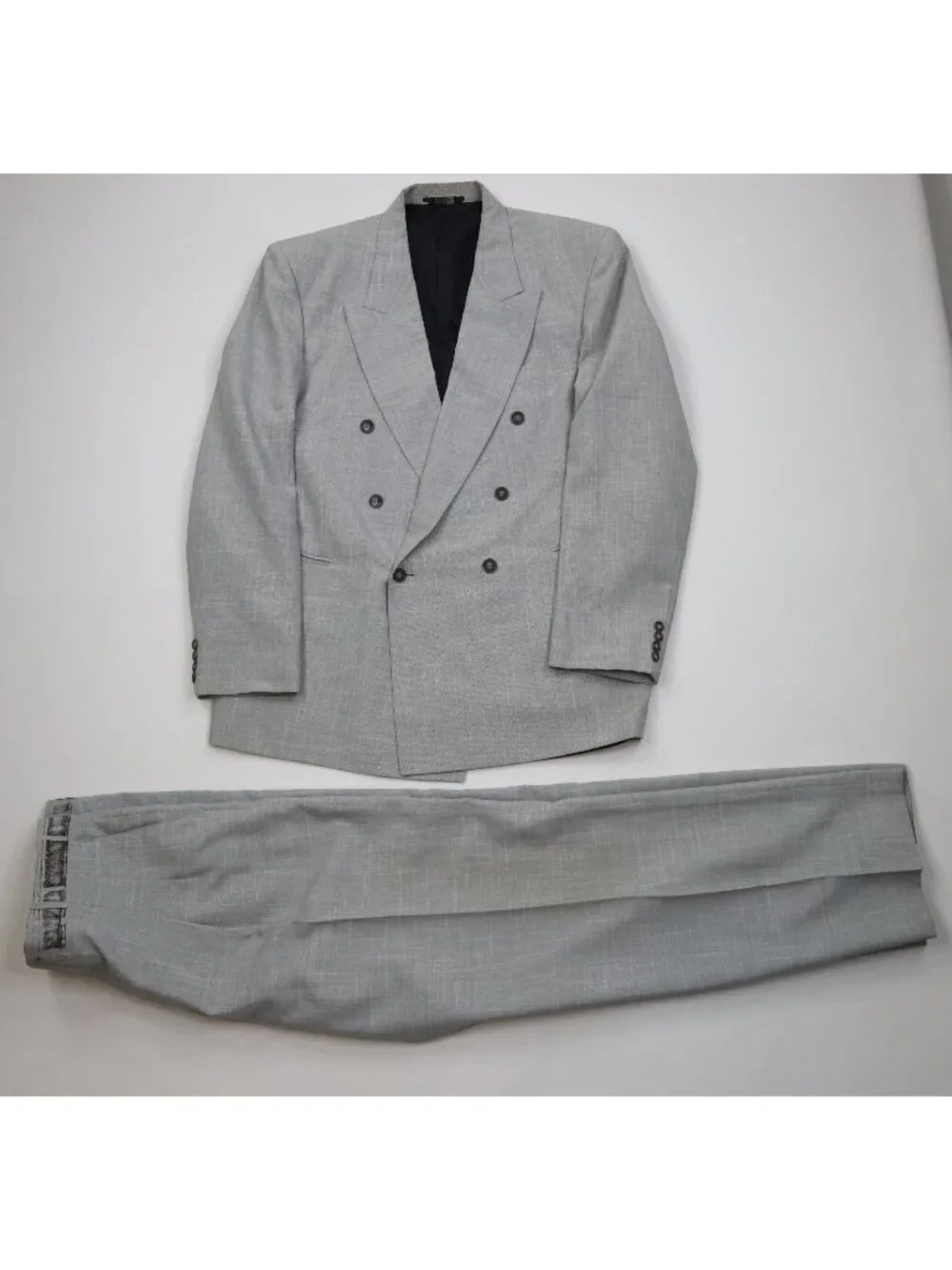 Vintage 80s 90s Mens 44R 2 Piece Double Breasted Suit Chambray Wide Leg 37x32
